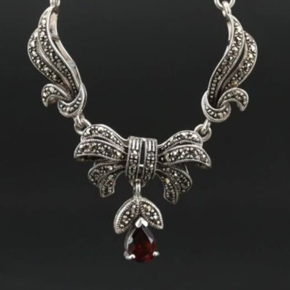 Art Deco Style Sterling Silver Garnet and Marcasite Ribbon Necklace